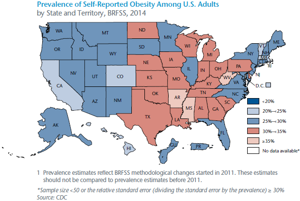 Prevalence of Self-Reported Obesity Among U.S. Adults by State and Territory, BRFSS, 2014